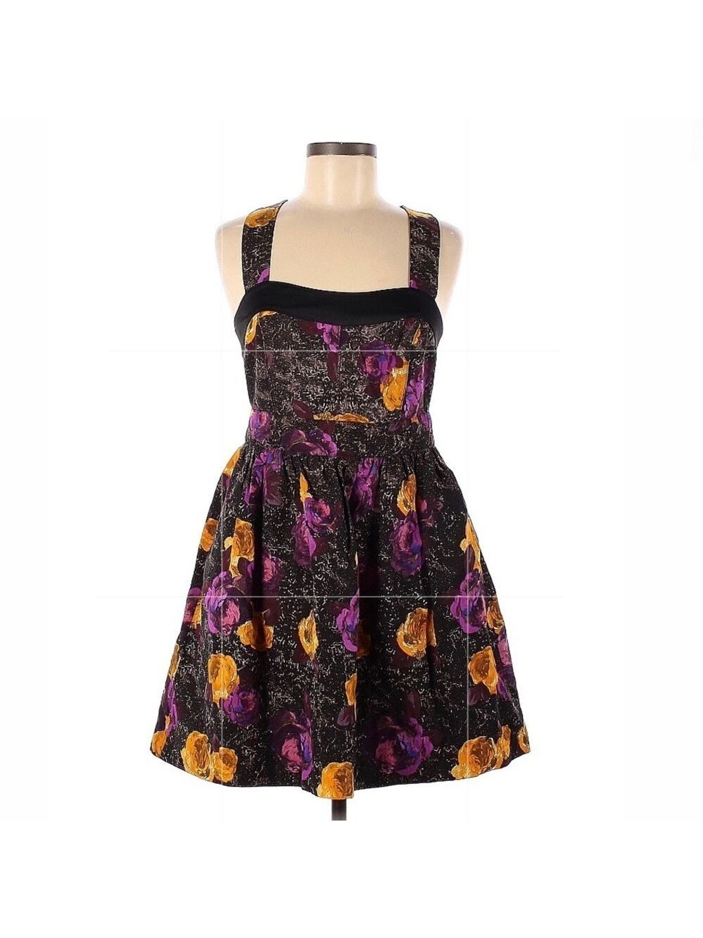 Twinkle by Wenlan Black, Purple, and Yellow Floral Silk Dress - Size 4
